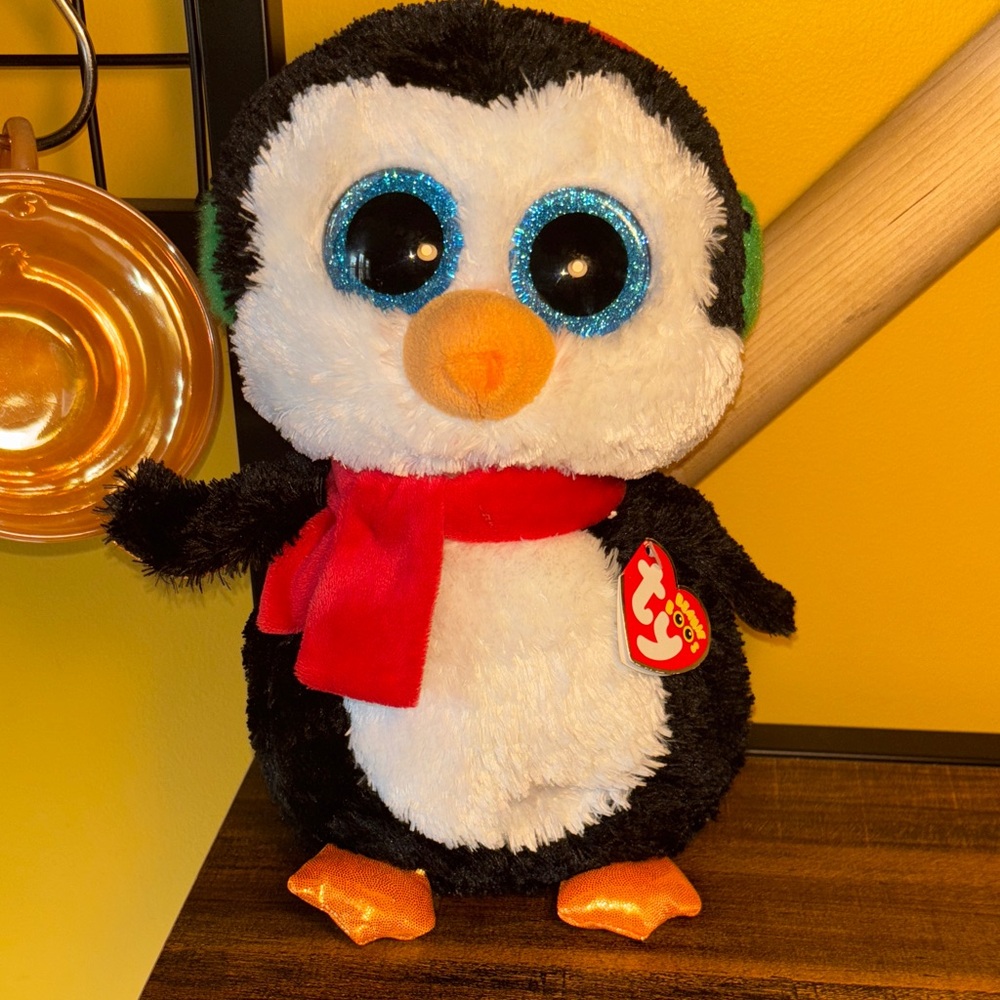 Ty Beanie Boos Penguin with Red Scarf and Blue Eyes